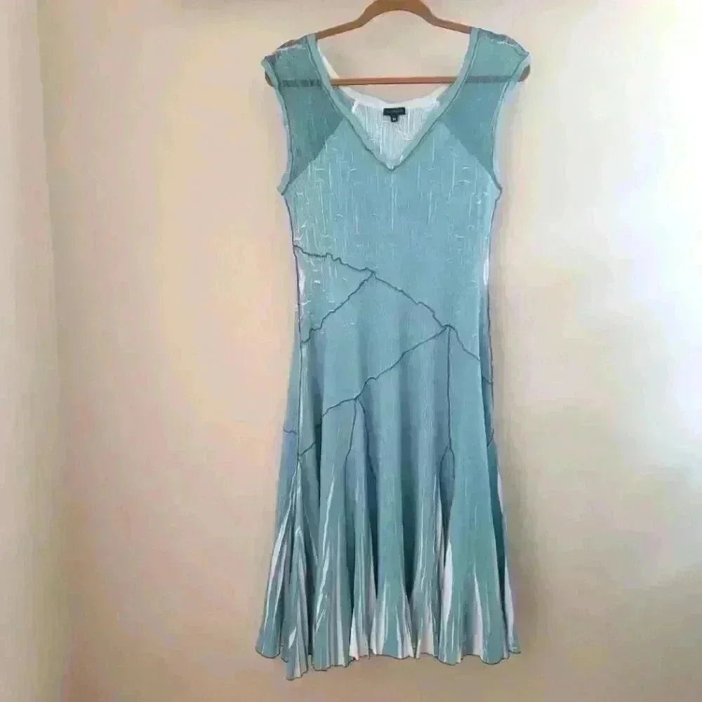Komarov Blue Teal Luxury Chiffon Pleated Dress Size Medium